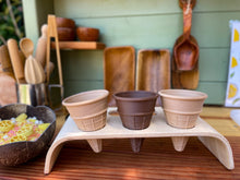 Load image into Gallery viewer, ice cream cones, pretend play, Nature based toys, woobewee, sensory play, sensory tray, sensory activity, water play, playroom, homeschool, unschool, classroom, preschool, educational activity, learning, playing, flisat table, sensory bin, outdoor play, mud kitchen, muddy play, fizzy play, Montessori, openended play, eco cutter, eco cutters, bio cutters, bio trays, biodegradable, plant based, play dough cutter, cookie cutter, wooden stamps, wooden trays, wooden toys, nature inspired