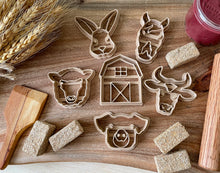 Load image into Gallery viewer, bio cutters, cookie cutters, playdough cutter, play dough cutter, eco cutter, farm animals, horse, lamb, rabbit, pig, cow, stable, cookie cutter, playdough, kinetic sand, air dry clay, montessori, classroom, 3D printed, biodegradable, nature based toys, educational, sensory activity, farm life, farm animals