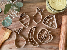 Load image into Gallery viewer, bio cutters, cookie cutters, playdough cutter, play dough cutter, eco cutter, fruits, fruit cooke cutter, vegetables cutter, playdough, kinetic sand, air dry clay, montessori, classroom, 3D printed, biodegradable, nature based toys, educational, sensory activity, fruit