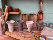 Load image into Gallery viewer, ice cream cones, pretend play, Nature based toys, woobewee, sensory play, sensory tray, sensory activity, water play, playroom, homeschool, unschool, classroom, preschool, educational activity, learning, playing, flisat table, sensory bin, outdoor play, mud kitchen, muddy play, fizzy play, Montessori, openended play, eco cutter, eco cutters, bio cutters, bio trays, biodegradable, plant based, play dough cutter, cookie cutter, wooden stamps, wooden trays, wooden toys, nature inspired