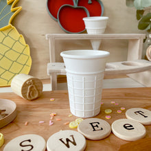 Load image into Gallery viewer, ice cream cones, pretend play, Nature based toys, woobewee, sensory play, sensory tray, sensory activity, water play, playroom, homeschool, unschool, classroom, preschool, educational activity, learning, playing, flisat table, sensory bin, outdoor play, mud kitchen, muddy play, fizzy play, Montessori, openended play, eco cutter, eco cutters, bio cutters, bio trays, biodegradable, plant based, play dough cutter, cookie cutter, wooden stamps, wooden trays, wooden toys, nature inspired