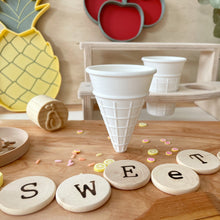 Load image into Gallery viewer, ice cream cones, pretend play, Nature based toys, woobewee, sensory play, sensory tray, sensory activity, water play, playroom, homeschool, unschool, classroom, preschool, educational activity, learning, playing, flisat table, sensory bin, outdoor play, mud kitchen, muddy play, fizzy play, Montessori, openended play, eco cutter, eco cutters, bio cutters, bio trays, biodegradable, plant based, play dough cutter, cookie cutter, wooden stamps, wooden trays, wooden toys, nature inspired