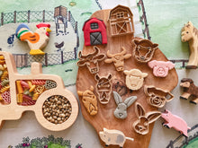 Load image into Gallery viewer, bio cutters, cookie cutters, playdough cutter, play dough cutter, eco cutter, farm animals, horse, lamb, rabbit, pig, cow, stable, cookie cutter, playdough, kinetic sand, air dry clay, montessori, classroom, 3D printed, biodegradable, nature based toys, educational, sensory activity, farm life, farm animals