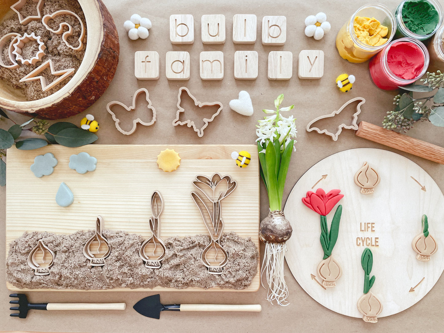 bio cutters, cookie cutters, playdough cutter, play dough cutter, eco cutter, bulb family, crocus, life cycle, 3D printed, biodegradable, nature based toys, educational, sensory activity
