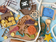 Load image into Gallery viewer, pirate ship, treasure chest, treasure map, Nature based toys, woobewee, sensory play, sensory tray, sensory activity, water play, playroom, homeschool, unschool, classroom, preschool, educational activity, learning, playing, flisat table, sensory bin, outdoor play, mud kitchen, muddy play, fizzy play, Montessori, openended play, eco cutter, eco cutters, bio cutters, bio trays, biodegradable, plant based, play dough cutter, cookie cutter, wooden stamps, wooden trays, wooden toys, nature inspired
