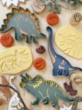 Load image into Gallery viewer, dinosaurs, dinos, dinosaur, prehistory, triceratops, stegosaurus, brachiosaurus, sensory play, sensory activity, homeschool, educational play, learning through play, nature based toys, biodegradable, 3D printed, eco friendly, eco cutter, bio cutter, birthday gift, indoor play, outdoor play
