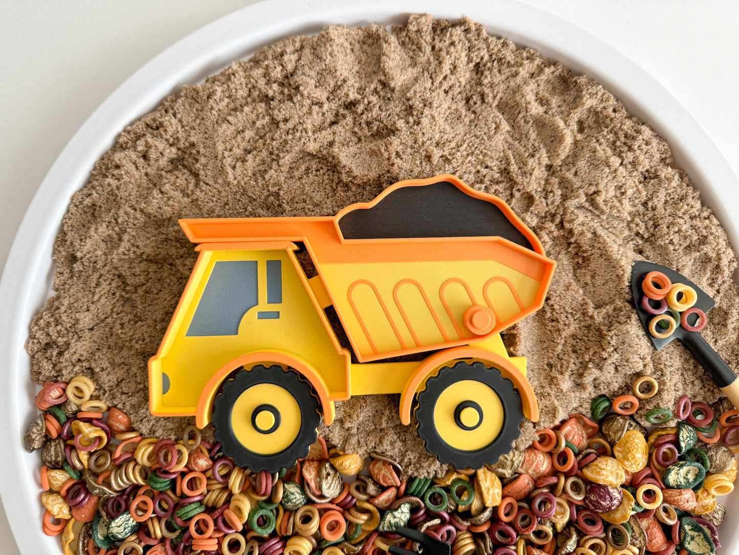 Dump Truck Bio Sensory Tray with movable wheels and bed