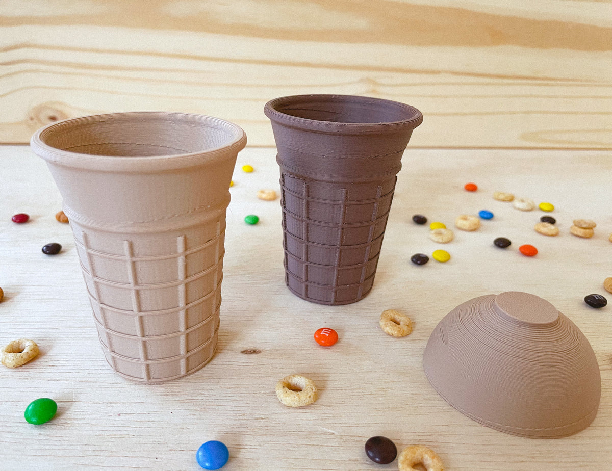 ice cream cones, biodegradable ice cream cones, nature based toys, 3D printed, sensory play, sensory activity, mud kitchen, flisat table, play inspiration, montessori, homeschool, preschool, classroom, kinetic sand, playdough, play dough, invitation play