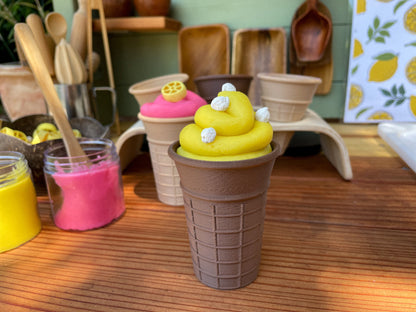  ice cream cones, pretend play, Nature based toys, woobewee, sensory play, sensory tray, sensory activity, water play, playroom, homeschool, unschool, classroom, preschool, educational activity, learning, playing, flisat table, sensory bin, outdoor play, mud kitchen, muddy play, fizzy play, Montessori, openended play, eco cutter, eco cutters, bio cutters, bio trays, biodegradable, plant based, play dough cutter, cookie cutter, wooden stamps, wooden trays, wooden toys, nature inspired