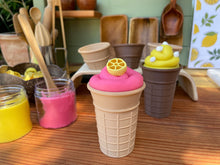 Load image into Gallery viewer,  ice cream cones, pretend play, Nature based toys, woobewee, sensory play, sensory tray, sensory activity, water play, playroom, homeschool, unschool, classroom, preschool, educational activity, learning, playing, flisat table, sensory bin, outdoor play, mud kitchen, muddy play, fizzy play, Montessori, openended play, eco cutter, eco cutters, bio cutters, bio trays, biodegradable, plant based, play dough cutter, cookie cutter, wooden stamps, wooden trays, wooden toys, nature inspired
