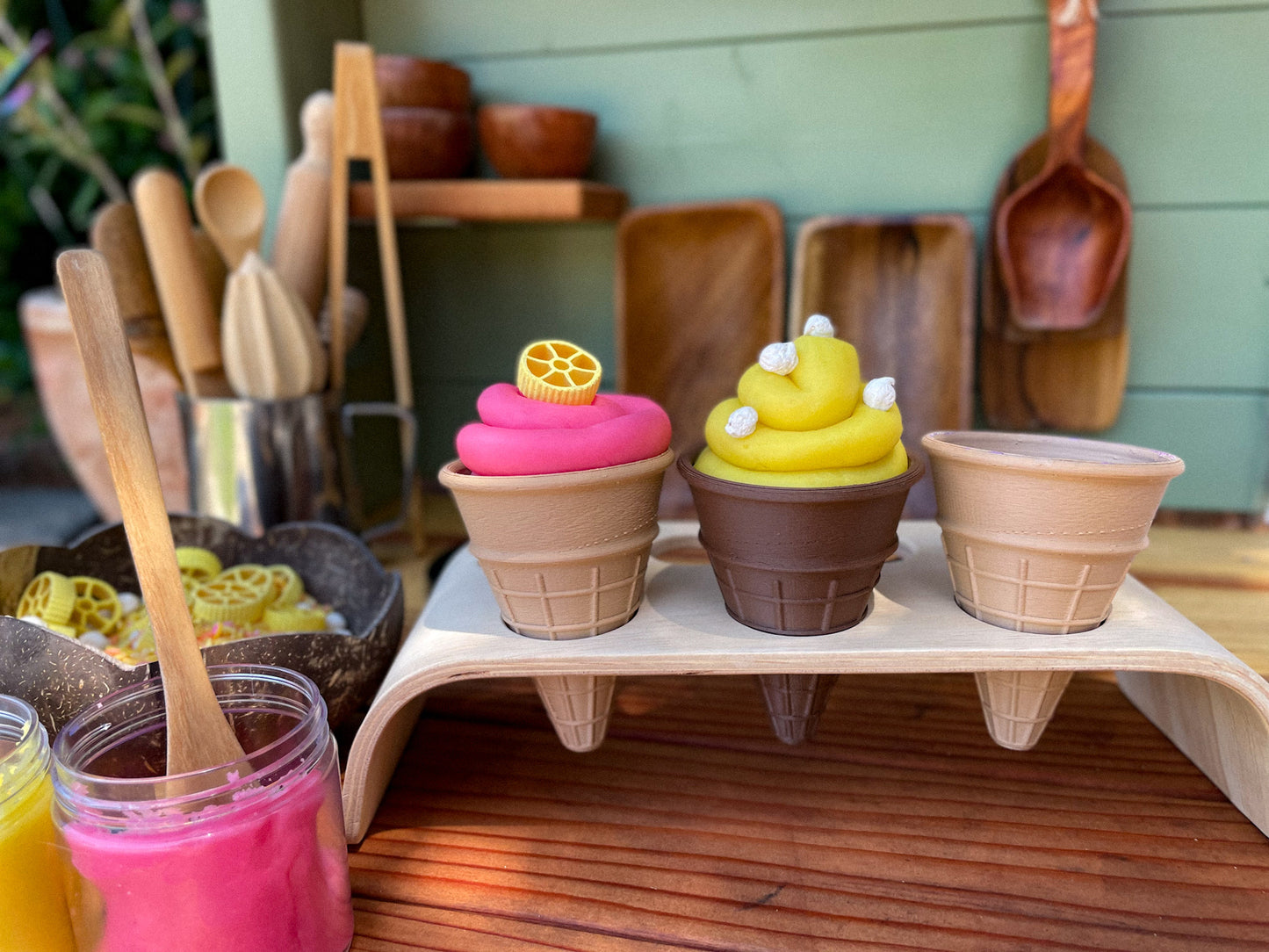  ice cream cones, pretend play, Nature based toys, woobewee, sensory play, sensory tray, sensory activity, water play, playroom, homeschool, unschool, classroom, preschool, educational activity, learning, playing, flisat table, sensory bin, outdoor play, mud kitchen, muddy play, fizzy play, Montessori, openended play, eco cutter, eco cutters, bio cutters, bio trays, biodegradable, plant based, play dough cutter, cookie cutter, wooden stamps, wooden trays, wooden toys, nature inspired