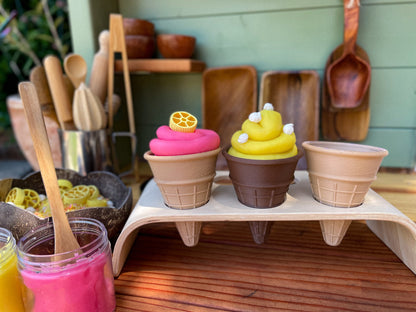  ice cream cones, pretend play, Nature based toys, woobewee, sensory play, sensory tray, sensory activity, water play, playroom, homeschool, unschool, classroom, preschool, educational activity, learning, playing, flisat table, sensory bin, outdoor play, mud kitchen, muddy play, fizzy play, Montessori, openended play, eco cutter, eco cutters, bio cutters, bio trays, biodegradable, plant based, play dough cutter, cookie cutter, wooden stamps, wooden trays, wooden toys, nature inspired