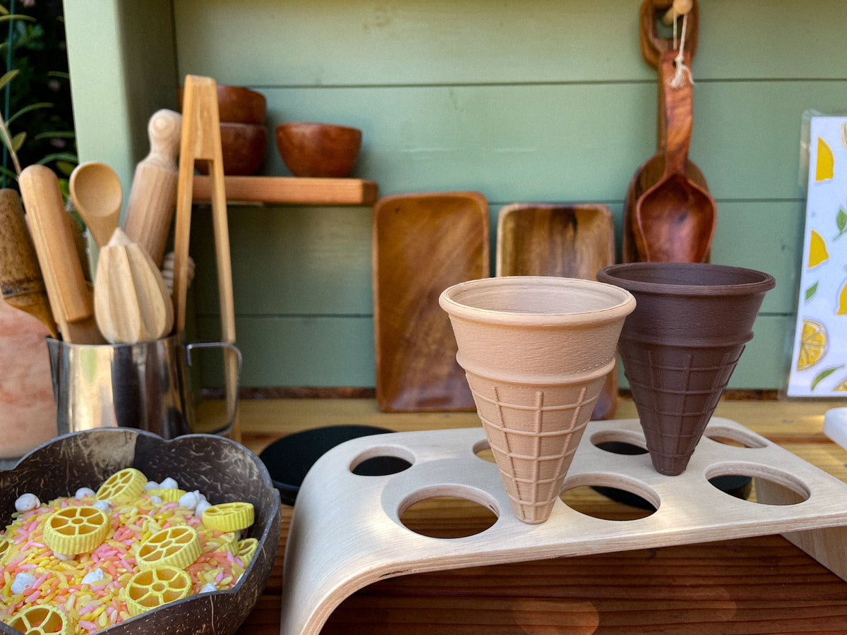  ice cream cones, pretend play, Nature based toys, woobewee, sensory play, sensory tray, sensory activity, water play, playroom, homeschool, unschool, classroom, preschool, educational activity, learning, playing, flisat table, sensory bin, outdoor play, mud kitchen, muddy play, fizzy play, Montessori, openended play, eco cutter, eco cutters, bio cutters, bio trays, biodegradable, plant based, play dough cutter, cookie cutter, wooden stamps, wooden trays, wooden toys, nature inspired