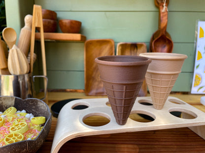  ice cream cones, pretend play, Nature based toys, woobewee, sensory play, sensory tray, sensory activity, water play, playroom, homeschool, unschool, classroom, preschool, educational activity, learning, playing, flisat table, sensory bin, outdoor play, mud kitchen, muddy play, fizzy play, Montessori, openended play, eco cutter, eco cutters, bio cutters, bio trays, biodegradable, plant based, play dough cutter, cookie cutter, wooden stamps, wooden trays, wooden toys, nature inspired