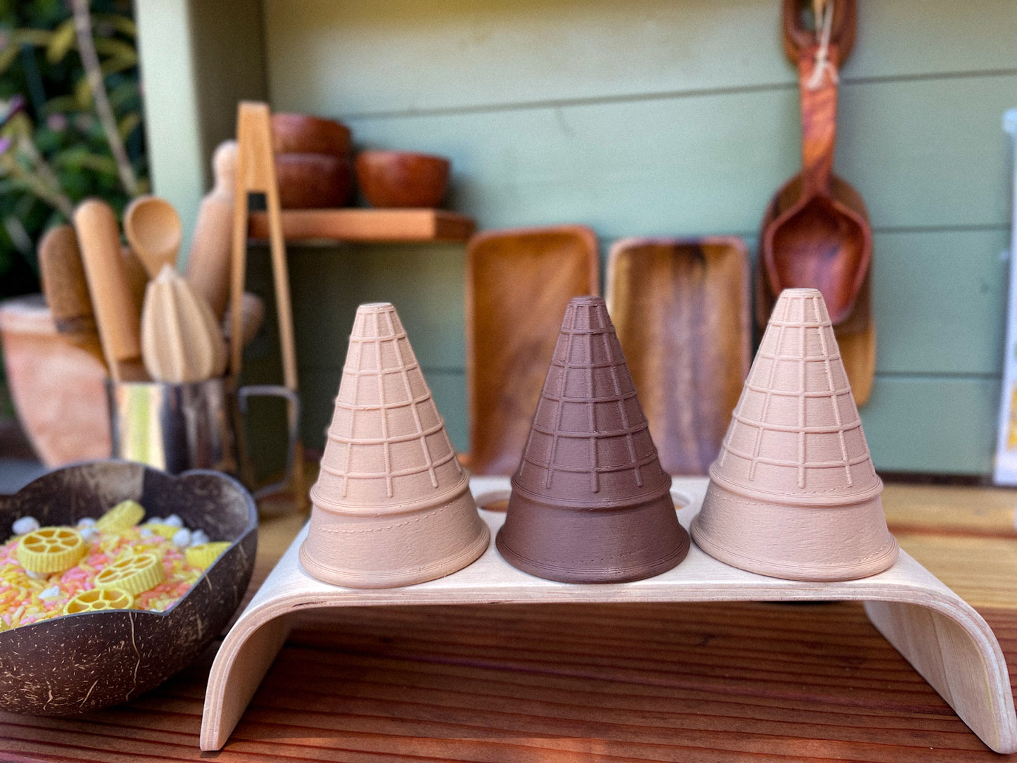  ice cream cones, pretend play, Nature based toys, woobewee, sensory play, sensory tray, sensory activity, water play, playroom, homeschool, unschool, classroom, preschool, educational activity, learning, playing, flisat table, sensory bin, outdoor play, mud kitchen, muddy play, fizzy play, Montessori, openended play, eco cutter, eco cutters, bio cutters, bio trays, biodegradable, plant based, play dough cutter, cookie cutter, wooden stamps, wooden trays, wooden toys, nature inspired