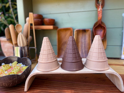  ice cream cones, pretend play, Nature based toys, woobewee, sensory play, sensory tray, sensory activity, water play, playroom, homeschool, unschool, classroom, preschool, educational activity, learning, playing, flisat table, sensory bin, outdoor play, mud kitchen, muddy play, fizzy play, Montessori, openended play, eco cutter, eco cutters, bio cutters, bio trays, biodegradable, plant based, play dough cutter, cookie cutter, wooden stamps, wooden trays, wooden toys, nature inspired
