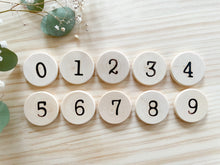 Load image into Gallery viewer, Wood Burned Alphabet and Number Coins set
