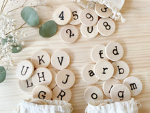 Load image into Gallery viewer, Wood Burned Alphabet and Number Coins set
