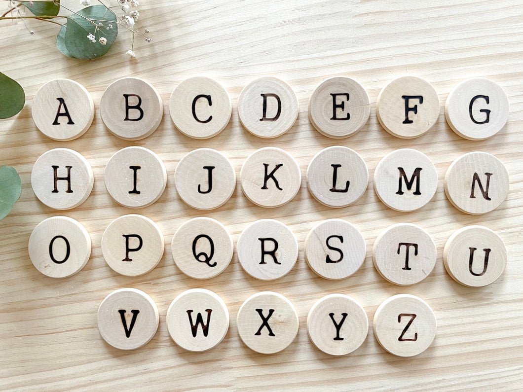 Wood Burned Alphabet and Number Coins set