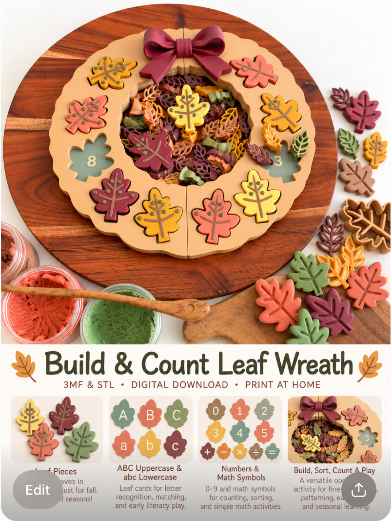 Leaf Wreath Learning Bundle - Ready to 3D Print STL and 3MF Digital Download