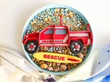 Load image into Gallery viewer, Lifeguard Truck Bio Sensory Play Tray with moving wheels and surfboard
