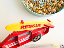 Load image into Gallery viewer, Lifeguard Truck Bio Sensory Play Tray with moving wheels and surfboard
