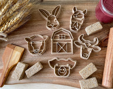 Load image into Gallery viewer, bio cutters, cookie cutters, playdough cutter, play dough cutter, eco cutter, farm animals, horse, lamb, rabbit, pig, cow, stable, cookie cutter, playdough, kinetic sand, air dry clay, montessori, classroom, 3D printed, biodegradable, nature based toys, educational, sensory activity, farm life, farm animals
