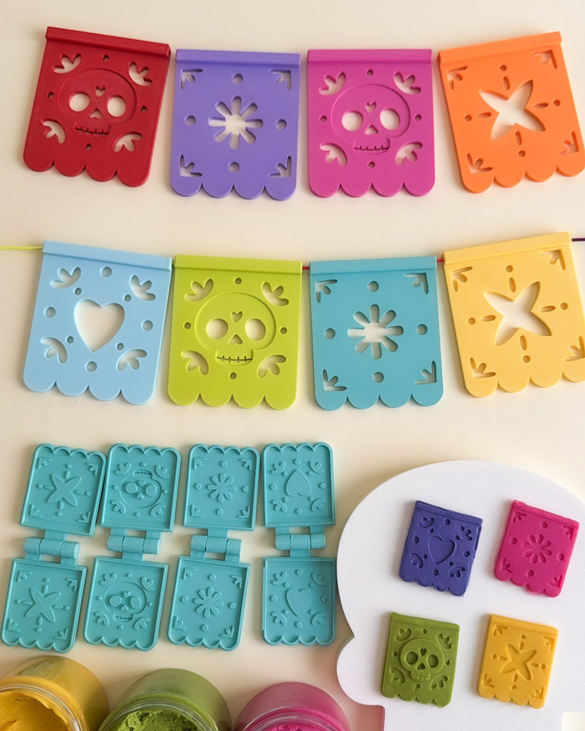 Colorful 3D-Printed Papel Picado Banner and Playdough Bio Molds by WooBeWee™