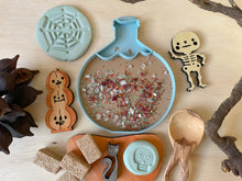 Load image into Gallery viewer, nature based toys, sensory play, sensory tray, summer play, water play, outdoor play, mud kitchen, kinetic sand, playdough, fizzy play, potion play, biodegradable, bio tray, eco cutter, eco molds, eco trays, 3D printed, WooBeWee, flisat table, sensory bin, halloween, fall, witch hat, cauldron, haunted house, potion bottle, spooky, sensory setup, homeschool, unschool, playing, learning, learning through play, kids gift, birthday gift, halloween gift, cauldron, witch cauldron

