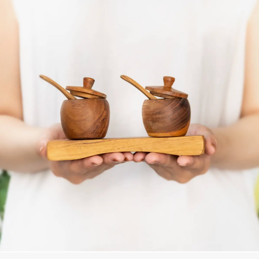 Teak Wood Jar Set with Tray and Spoons