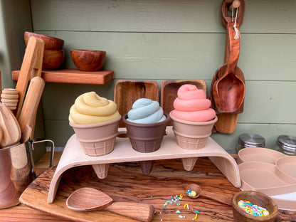  ice cream cones, pretend play, Nature based toys, woobewee, sensory play, sensory tray, sensory activity, water play, playroom, homeschool, unschool, classroom, preschool, educational activity, learning, playing, flisat table, sensory bin, outdoor play, mud kitchen, muddy play, fizzy play, Montessori, openended play, eco cutter, eco cutters, bio cutters, bio trays, biodegradable, plant based, play dough cutter, cookie cutter, wooden stamps, wooden trays, wooden toys, nature inspired