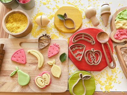 bio cutters, cookie cutters, playdough cutter, play dough cutter, eco cutter, fruits, fruit cooke cutter, vegetables cutter, playdough, kinetic sand, air dry clay, montessori, classroom, 3D printed, biodegradable, nature based toys, educational, sensory activity, fruit