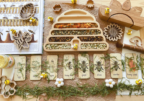 bee, bees, beehive, Nature based toys, woobewee, sensory play, sensory tray, sensory activity, water play, playroom, homeschool, unschool, classroom, preschool, educational activity, learning, playing, flisat table, sensory bin, outdoor play, mud kitchen, muddy play, fizzy play, Montessori, openended play, eco cutter, eco cutters, bio cutters, bio trays, biodegradable, plant based, play dough cutter, cookie cutter, wooden stamps, wooden trays, wooden toys, nature inspired, rolling pin, play dough roller