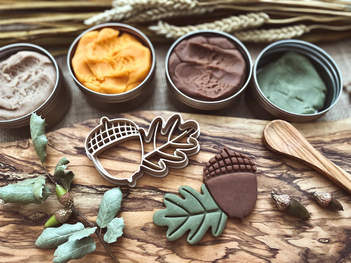 acorn, play dough cutter, cookie cutter, biodegradable, bio cutter, sensory play, playroom, homeschool, classroom, montessori, sensory play, cookie dough, invitation to play, nature based toys