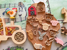 Load image into Gallery viewer, bio cutters, cookie cutters, playdough cutter, play dough cutter, eco cutter, farm animals, horse, lamb, rabbit, pig, cow, stable, cookie cutter, playdough, kinetic sand, air dry clay, montessori, classroom, 3D printed, biodegradable, nature based toys, educational, sensory activity, farm life, farm animals
