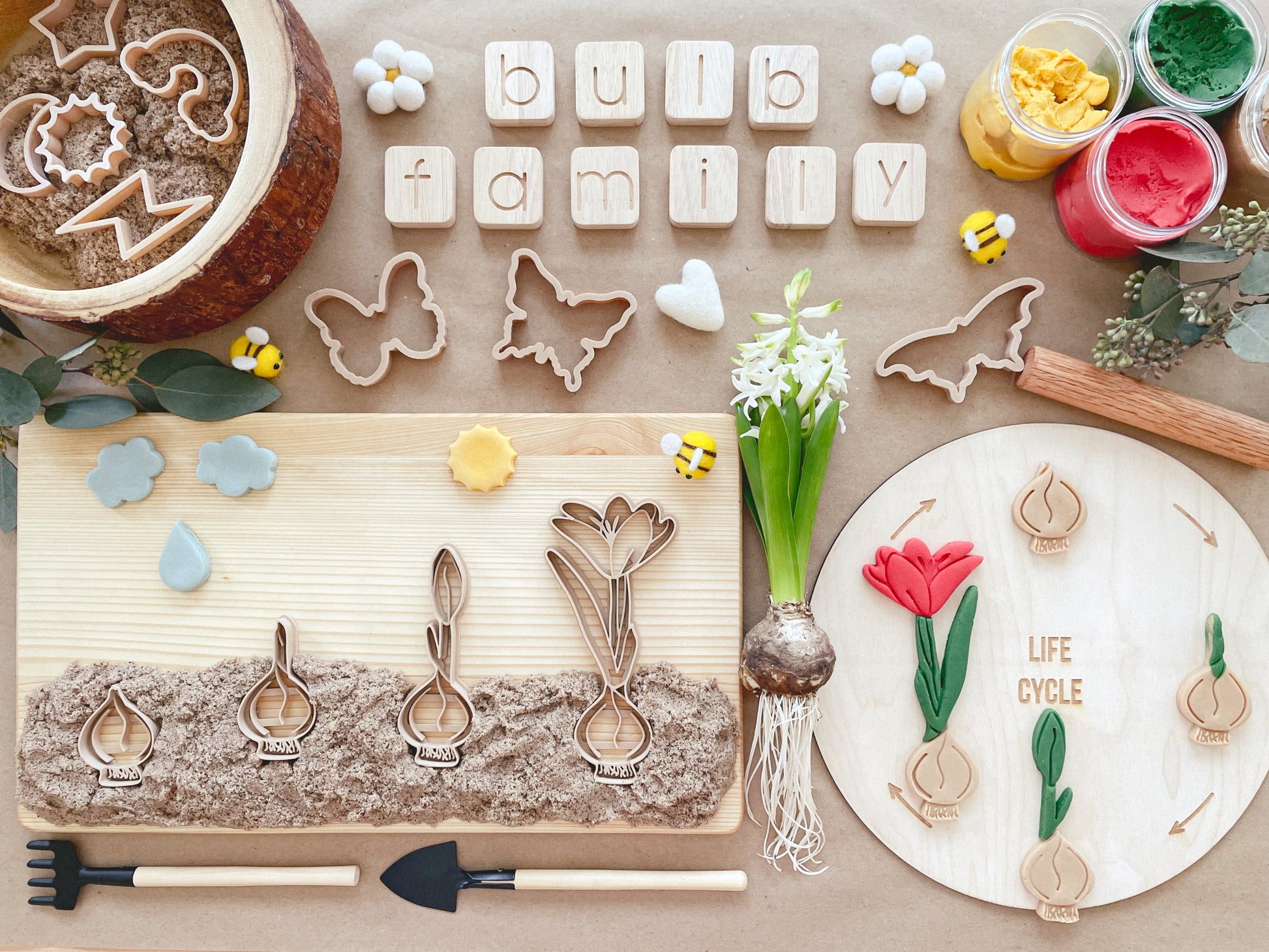 bio cutters, cookie cutters, playdough cutter, play dough cutter, eco cutter, bulb family, crocus, life cycle, 3D printed, biodegradable, nature based toys, educational, sensory activity