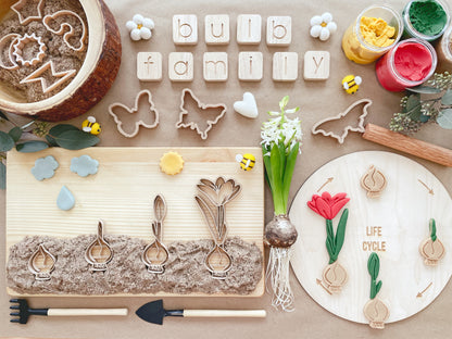 bio cutters, cookie cutters, playdough cutter, play dough cutter, eco cutter, bulb family, crocus, life cycle, 3D printed, biodegradable, nature based toys, educational, sensory activity